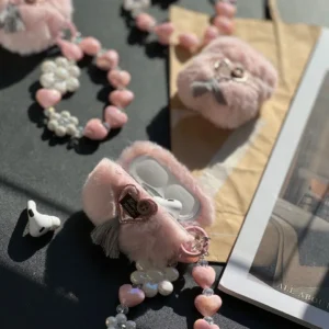 کاور ایرپاد پشمالو صورتی قلبی با آویز (کدC0073)