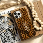 قاب پلنگی قهوه‌ای YSL آیفون | Brown Leopard Case با لوگو استیل
