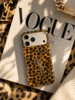 قاب پلنگی قهوه‌ای YSL آیفون | Brown Leopard Case با لوگو استیل - Image 5