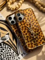 قاب پلنگی قهوه‌ای YSL آیفون | Brown Leopard Case با لوگو استیل - Image 4