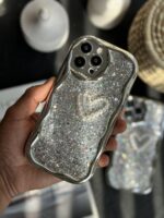 قاب موبایل آیفون پولکی نقره ای قلب مروارید برجسته
