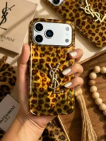 قاب پلنگی قهوه‌ای YSL آیفون | Brown Leopard Case با لوگو استیل - Image 2