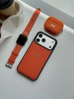 بند اپل واچ چرم طرح هرمس | نارنجی با لوگوی فلزی | مناسب Apple Watch - Image 4